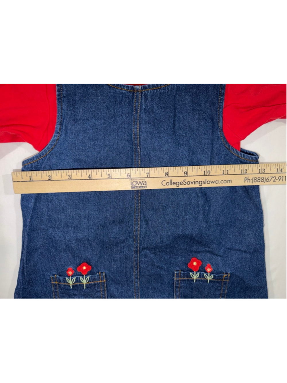 UR it Girls Blue Denim Red Jumper Dress 24 Months Flower Pocket Button Baby - Picture 6 of 9